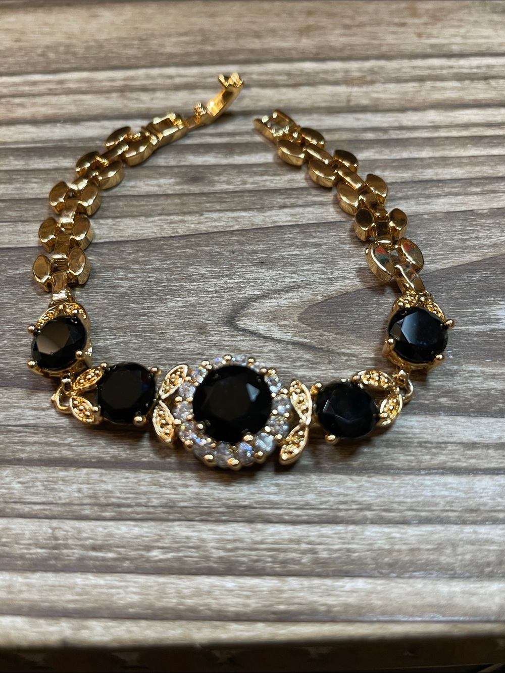 Gold-Tone Bracelet with Black Glass Gemstones and Clear Accents - Picture 3 of 5